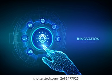 Innovation. Business innovative idea and solution technology concept. Creative Idea, inspiration. Brainstorming. Creative Thinking. Wireframe hand touching digital interface. Vector illustration.