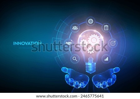 Innovation. Business innovative idea and solution concept. Creative Idea, inspiration. Brainstorming. Creativity. Light bulb with gears cogs inside in hands. Creative Thinking. Vector illustration.