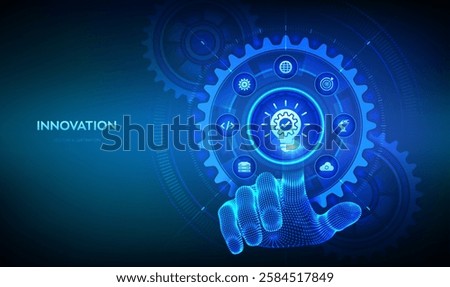 Innovation. Business innovative idea and solution technology concept. Creative Idea. Brainstorming. Creative Thinking. Hand touching digital interface with connected gears cogs and icons. Vector.