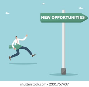 Innovation and business planning to achieve great success, progress and improvement on the way to achieve goals, creative motivation for career growth, man runs on the pointer to new opportunities.