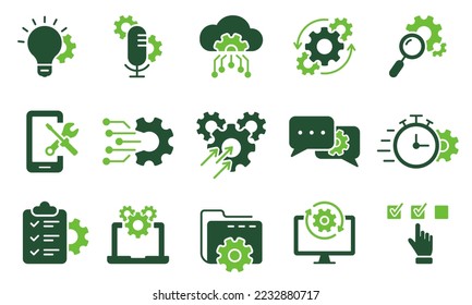 Icono de color del proceso de negocios de innovación. Pictograma de configuración digital de engranajes, computadoras, herramientas, burbujas de voz. Icono de silueta de configuración de tecnología. Ilustración de vectores aislados.