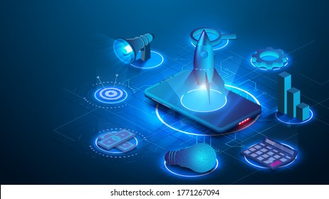 Innovación, proyecto de negocio Empieza a lanzar el producto con el concepto de cohete. Plantilla de página de inicio. Aparato isométrico, bombilla, gráfico, altavoz, teléfono con fondo azul. Fácil de editar y personalizar