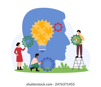 Innovation business solution, brainstorm progress on creative idea, insight. Tiny people holding gears at silhouette of entrepreneurs head with puzzle light bulb inside cartoon vector illustration