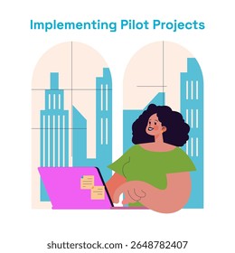Innovation Center activities focus on implementing pilot projects that explore new ideas and solutions in urban environments. The illustration depicts a professional engaged in meaningful work.