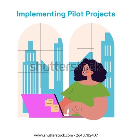 Innovation Center activities focus on implementing pilot projects that explore new ideas and solutions in urban environments. The illustration depicts a professional engaged in meaningful work.