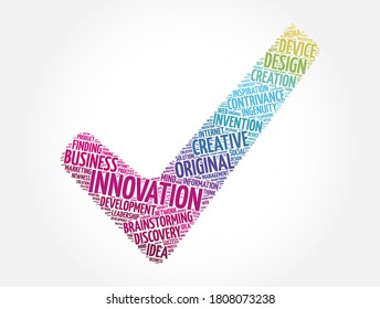 Innovation check mark word cloud collage, business concept background