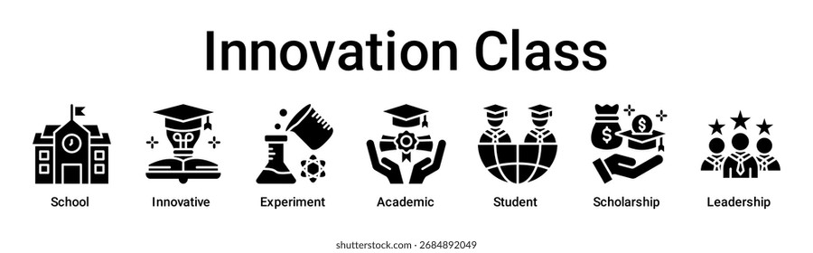 Classe de inovação banner web ícone vetor conceito de ilustração para a educação com ícone de Escola, Inovador, Experimente, Acadêmico, Estudante, Bolsa.