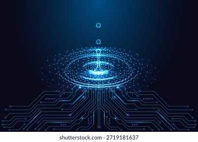 Innovación, tecnología limpia y tema de fluidez digital con gota de agua brillante que forma ondas sobre las líneas de la placa de circuito. Ilustración vectorial de neón azul de bajo poli para eco-tecnología, imágenes de ciencia de IA.