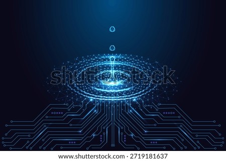 Innovation, clean technology and digital fluidity theme with glowing water droplet forming ripples above circuit board lines. Blue neon low-poly vector illustration for eco-tech, AI science visuals.