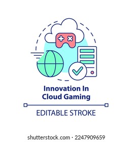 Innovation in cloud gaming concept icon. Streaming service. Remote servers abstract idea thin line illustration. Isolated outline drawing. Editable stroke. Arial, Myriad Pro-Bold fonts used