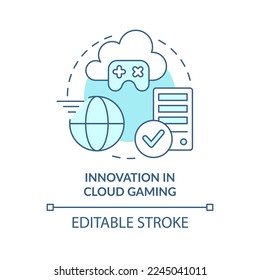 Innovation in cloud gaming turquoise concept icon. Remote servers abstract idea thin line illustration. Isolated outline drawing. Editable stroke. Arial, Myriad Pro-Bold fonts used
