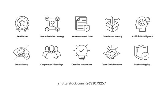 Innovation, Collaboration, and Trust Icons. Creative Innovation, Team Collaboration, Trust and Integrity, Excellence, Corporate Citizenship, Data Privacy, Blockchain Technology, and more.