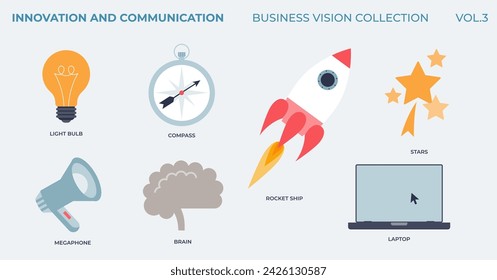 Innovation and communication elements in business vision tiny collection. Labeled business items with new creative idea development for startup process vector illustration. Innovative and smart.