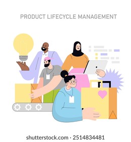 Innovation concept. Diverse team collaborates on stages of product lifecycle management, from idea to market. Diverse, teamwork, development process. Vector illustration.