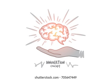 Innovation concept. Hand drawn humans brain in hands. Brain as a symbol of creativity and ideas isolated vector illustration.