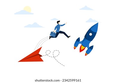 innovation concept to help success or career change to a new path, way or alternative direction, Transform into a better company, ambitious entrepreneur jumps from old origami airplane to grow rocket.