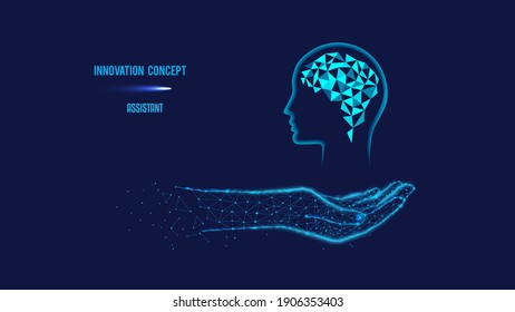  Innovation concept or human thinking, neural networks, artificial intelligence, innovative technology, and communication concept. Brain in hand. Polygonal illustration