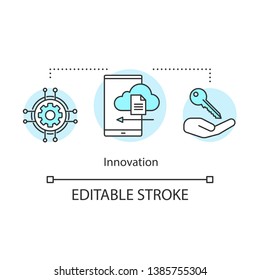 Innovation concept icon. Access to cloud storage. Document application. Data store. Software development idea thin line illustration. Vector isolated outline drawing. Editable stroke
