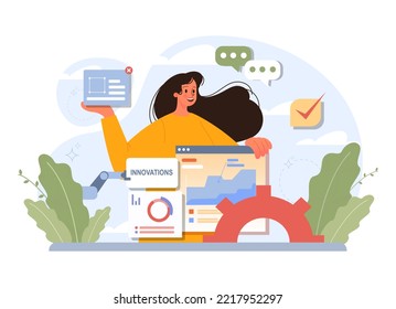 Innovation concept. Idea of creative business, community or invention solution. Company goal achievement. Business efficiency and technology development. Flat vector illustration