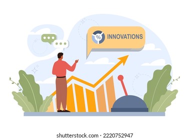 Concepto de innovación. Idea de negocios creativos, comunidad o solución de invención. Logro del objetivo de la empresa. Eficiencia empresarial y desarrollo tecnológico. Ilustración vectorial plana