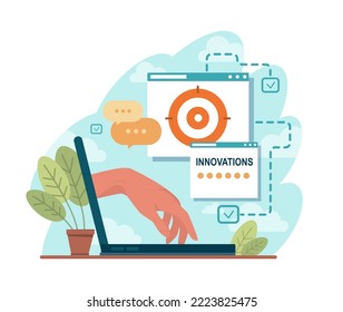 Innovation concept. Idea of creative business, community or invention solution. Company goal achievement. Business efficiency and technology development. Flat vector illustration