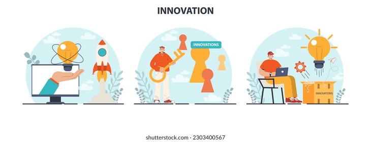 Innovation concept. Idea of creative business solution. Modern production and marketing invention. Business mechanism development. Flat vector illustration