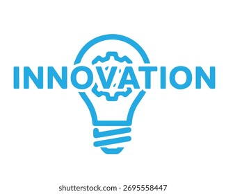 Innovationskonzept einzeln auf weißem Hintergrund, Glühbirne mit Ausrüstung und dem Wort Innovation, das kreative Ideen, Problemlösung und Fortschritt darstellt