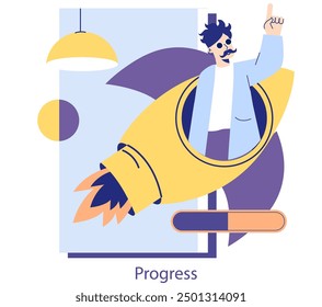 Innovationskonzept. Ein Mann in einer Rakete, die nach oben zeigt und Fortschritt und Motivation symbolisiert. Startup Launch, kreatives Denken und Erfolgsreise. Vektorgrafik.