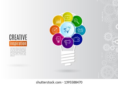 Innovation concept and new idea with light bulb and icons of briefcase, chart, purse, magnifier, rocket, basket on the grey background. Creative inspiration original idea.