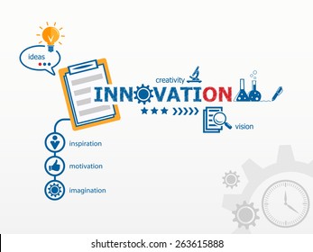 Innovation concept and notebook. Hand writing Innovation with blue marker