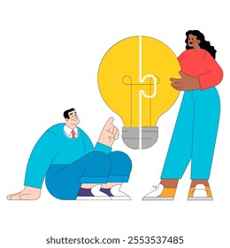 Innovation concept. Professional team collaborates on a big idea symbolized by a giant light bulb. Brainstorming and teamwork. Vector illustration.