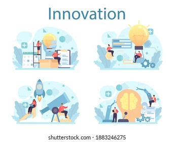 Innovation concept set. Idea of creative business solution. Modern production and marketing invention. Business mechanism development. Flat vector illustration