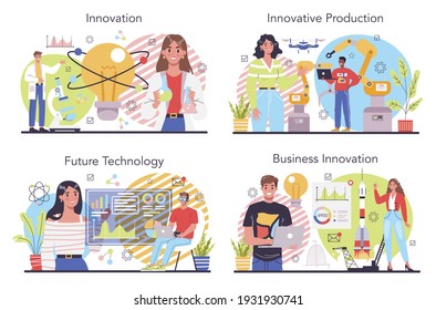 Conjunto de conceptos de innovación. Idea de una solución empresarial creativa. La producción moderna y la invención de la comercialización. Desarrollo tecnológico futuro. Ilustración vectorial plana