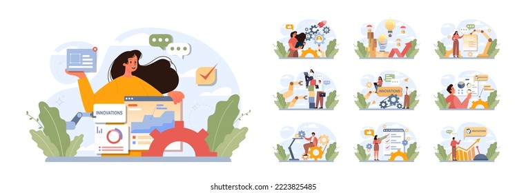 Conjunto de conceptos de innovación. Idea de negocios creativos, comunidad o solución de invención. Logro del objetivo de la empresa. Eficiencia empresarial y desarrollo tecnológico. Ilustración vectorial plana