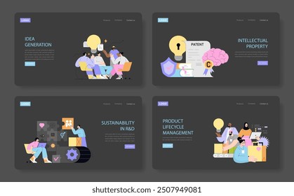 Innovation concept set. Idea generation, intellectual property protection, sustainable R D, product lifecycle. Creative team brainstorming, patent filing strategies. Vector illustration.