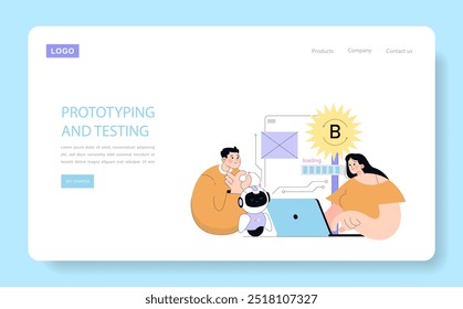 Innovationskonzept. Das Team arbeitet am Technologieprojekt mit Robotik und digitalen Schnittstellen zusammen. Prototyping kreativer Lösungen in einem modernen Arbeitsbereich. Vektorgrafik.