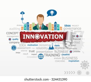 Innovation concept word cloud and business man. Innovation design illustration concepts for business, consulting, finance, management, career.