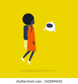 Innovation concept. Young black female character flying with a jetpack. Cute robot hovering in the air. Modern Technologies. Flat editable vector illustration, clip art