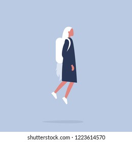 Innovation concept. Young female character flying with a jetpack. Modern Technologies. Flat editable vector illustration, clip art