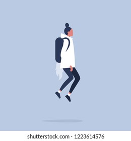 Innovation concept. Young female character flying with a jetpack. Modern Technologies. Flat editable vector illustration, clip art