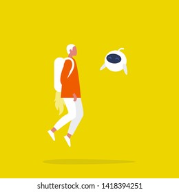 Innovation concept. Young male character flying with a jetpack. Cute robot hovering in the air. Modern Technologies. Flat editable vector illustration, clip art