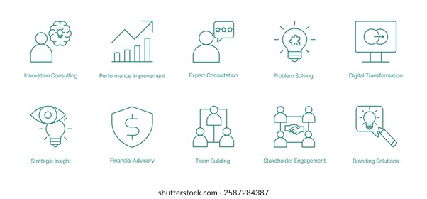 Innovation Consulting Vector Icon Set for Performance Improvement Expert Consultation Problem Solving and Digital Transformation
