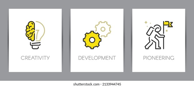 Innovation core value. Creativity, development, pioneering. Business concept. Web page template. Metaphors with icons such as brain idea, gears and pioneer astronaut.