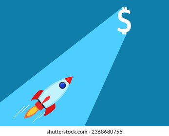 Innovation creates profit. Rocket heading towards the glowing Money Gate