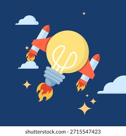 Inovação e conceito de ideia criativa mostrando lâmpada com lançamento de foguete. Ilustração para imaginação, rápido crescimento, inovação tecnológica e estratégia de negócios vencedora.