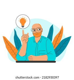 Innovation, creative solution plan strategy business idea or insight concept. Smiling smart bearded guy in glasses points on light lamp bulb above as brilliant thinking metaphor vector illustration