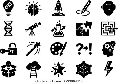 Innovation and Creative Thinking Icons Set. Solid Black Vector Symbols for Science, Education, Design, and Problem Solving.