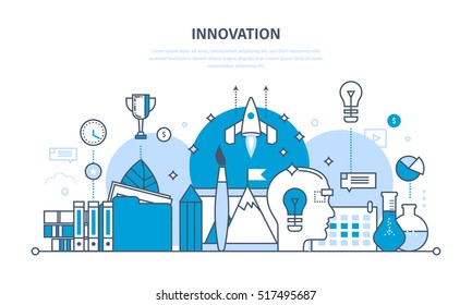 Innovation, creative thinking and creative process, brainstorming, imagination and vision, search for information and research. Illustration thin line design of vector doodles, infographics elements.