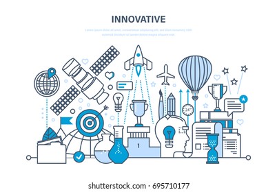 Innovation, creative thinking and creative process, brainstorming, imagination and vision, search for information and research. Illustration thin line design of vector doodles, infographics elements.