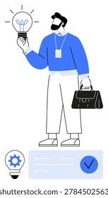 Innovation, creativity, business ideas, problem-solving, productivity, professional growth. A person holding a glowing light bulb and carrying a briefcase. Innovation and creativity concept
